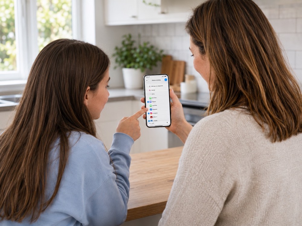 Een ouder en kind kiezen samen op een telefoon welke apps tijdens het fietsen worden beperkt.