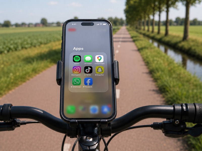 Een telefoon op een fietsstuur met afleidende apps vergrendeld.